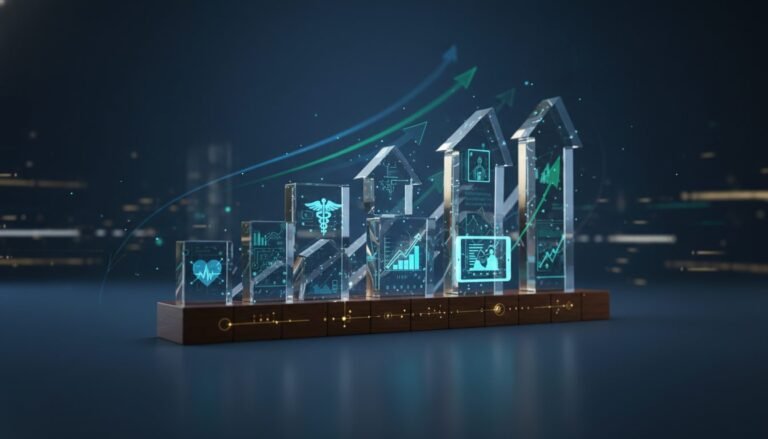 Gráfico de crecimiento financiero en pantalla digital mostrando un holograma médico de telemedicina activa.
