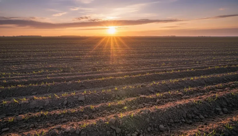 Vista panorámica de tierras agrícolas fértiles durante el amanecer que representa la inversión en activos tangibles y reales.