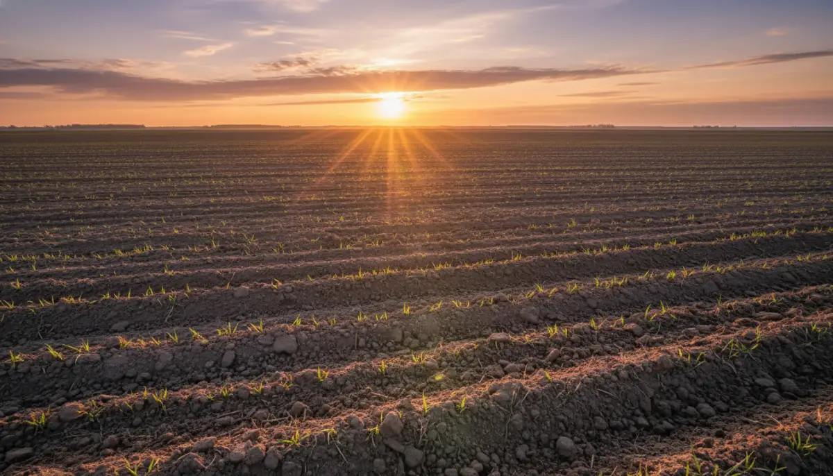 Vista panorámica de tierras agrícolas fértiles durante el amanecer que representa la inversión en activos tangibles y reales.