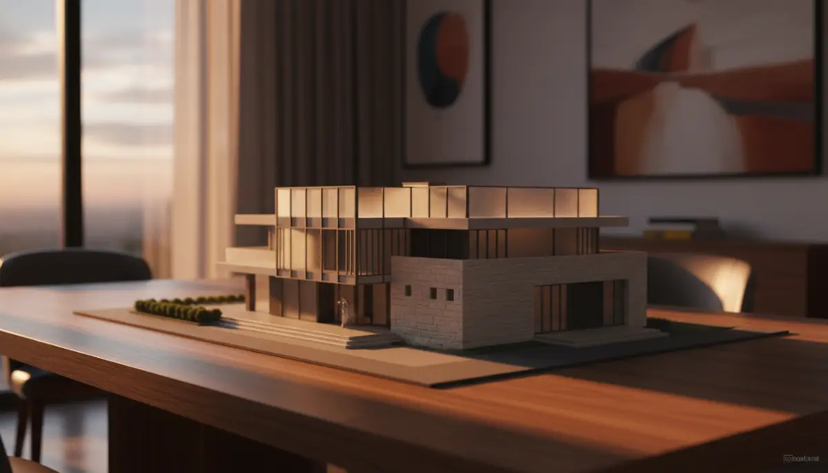 Maqueta de arquitectura moderna de lujo sobre escritorio de madera representando la inversión en una segunda vivienda y patrimonio.