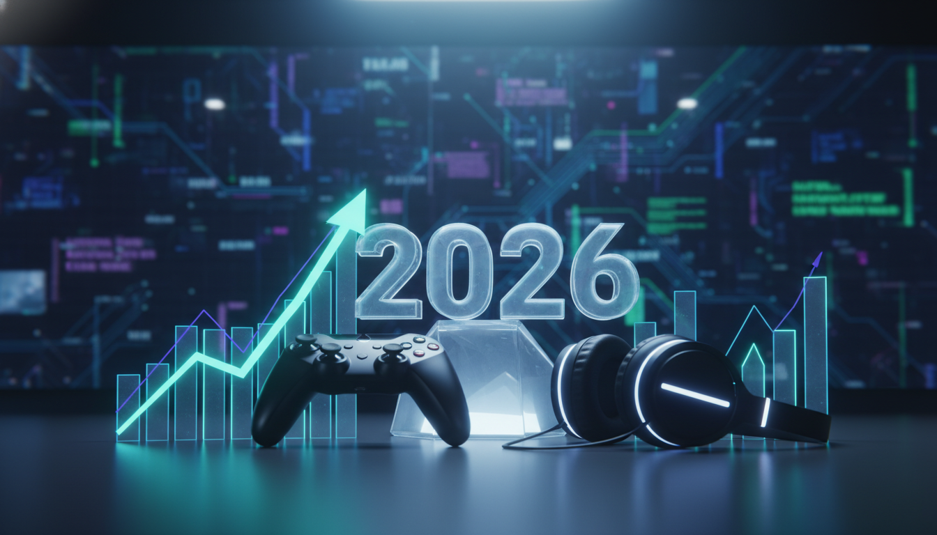 Gráfico financiero digital y arena de eSports que ilustra el crecimiento e inversión en videojuegos para 2026.