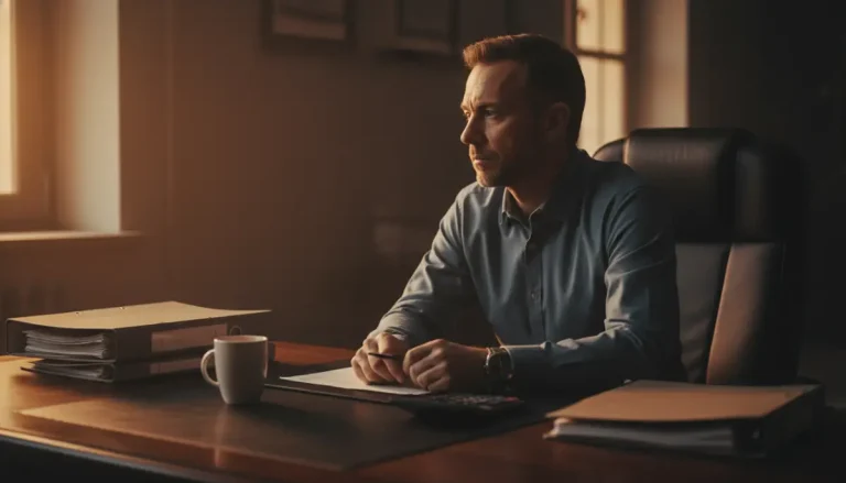 Hombre emprendedor reflexionando en una oficina oscura tras el cierre de un negocio, representando el duelo financiero.