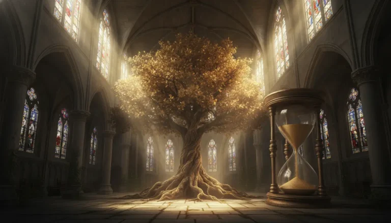 Representación artística de la mentalidad de catedral con un árbol dorado creciendo en un templo de piedra antiguo bajo la luz del sol.