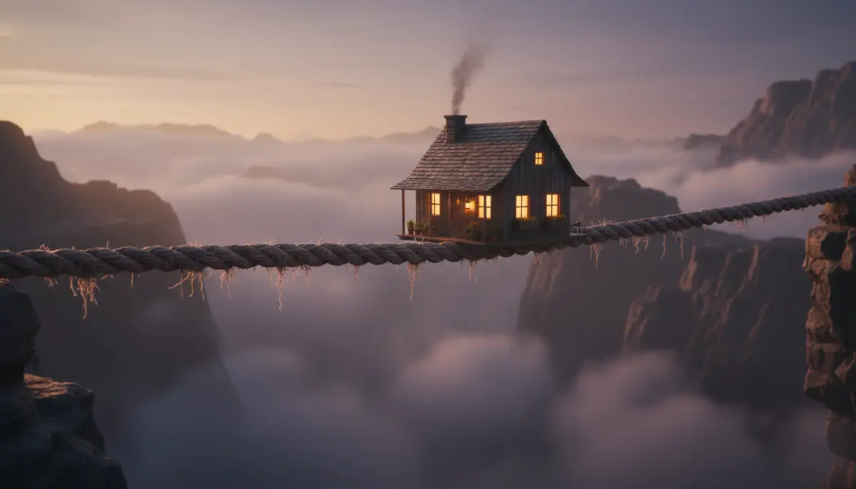 Imagen conceptual de una casa sobre una cuerda floja simbolizando la fragilidad de la estabilidad financiera familiar y la importancia de la protección económica.
