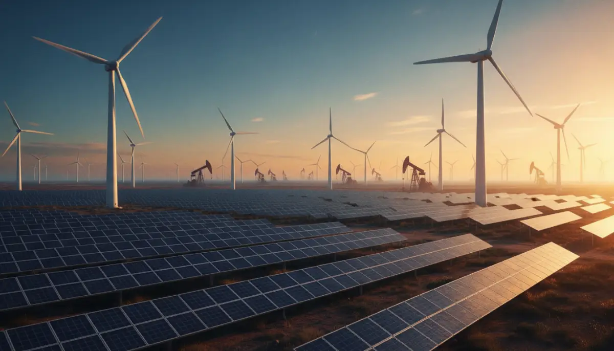 Paisaje industrial moderno con paneles solares y turbinas eólicas bajo un cielo de atardecer simbolizando el cambio del capital hacia energías limpias.