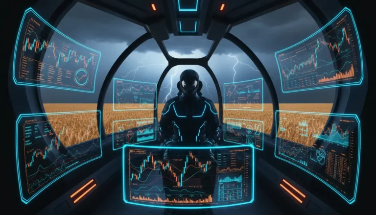 Representación artística de un operador financiero frente a pantallas con gráficos complejos y una tormenta sobre un campo de trigo en el fondo.