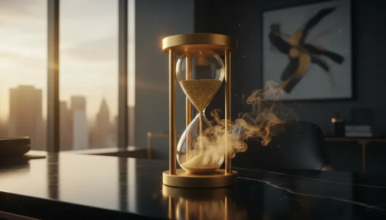Imagen conceptual de un reloj de arena dorado donde el oro se convierte en humo en una oficina de lujo, representando estafas financieras.