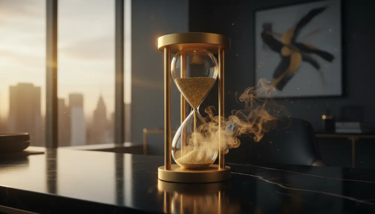 Imagen conceptual de un reloj de arena dorado donde el oro se convierte en humo en una oficina de lujo, representando estafas financieras.