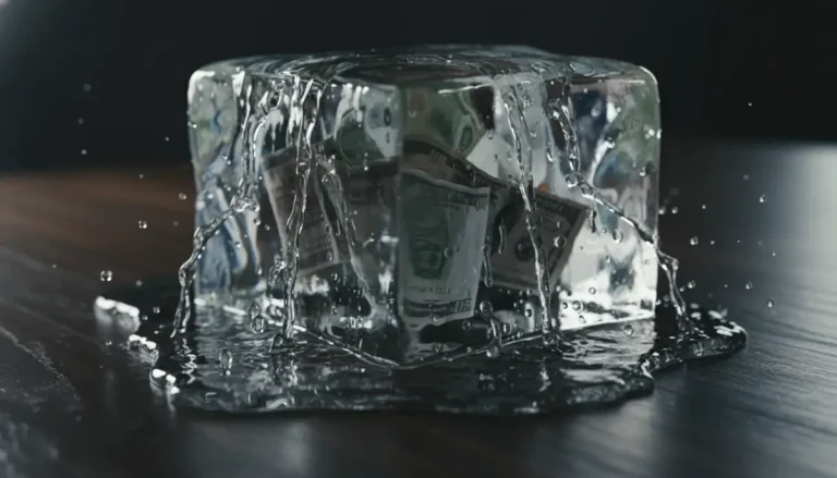 Metáfora visual de la inflación: bloque de hielo con dinero en su interior derritiéndose sobre una mesa de lujo.
