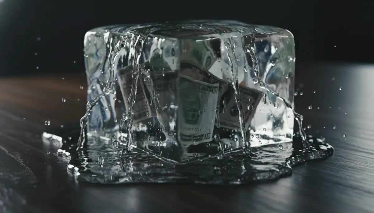 Metáfora visual de la inflación: bloque de hielo con dinero en su interior derritiéndose sobre una mesa de lujo.