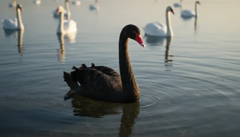 Cisne negro nadando en un lago sereno, símbolo de la teoría del evento inesperado de Nassim Taleb.