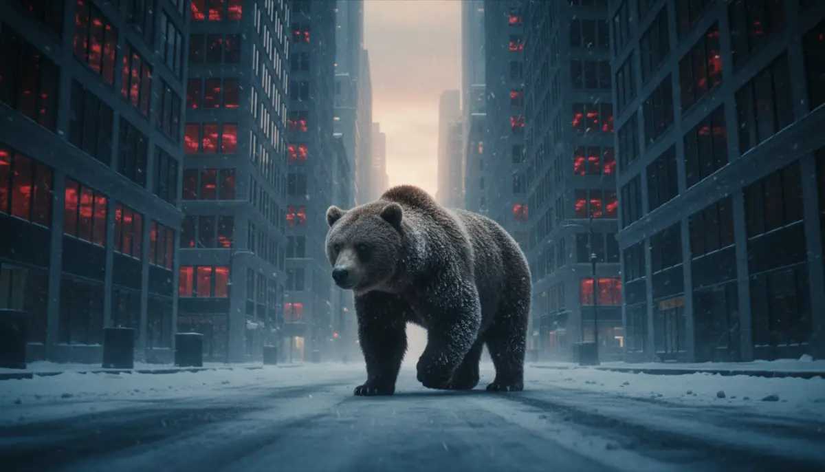 Un gran oso pardo caminando por una calle solitaria de Wall Street bajo una tormenta de nieve que simboliza el mercado bajista.