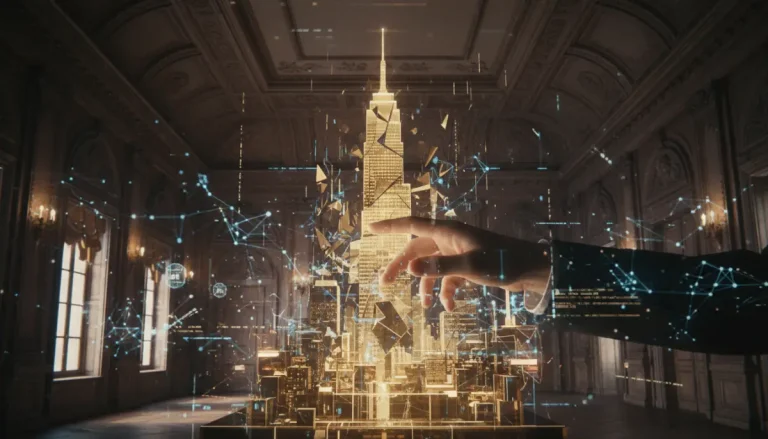 Representación conceptual de la democratización de la inversión mediante inteligencia artificial y tokenización de activos inmobiliarios.