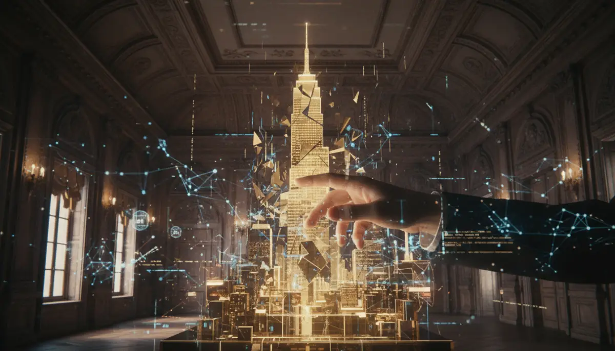 Representación conceptual de la democratización de la inversión mediante inteligencia artificial y tokenización de activos inmobiliarios.