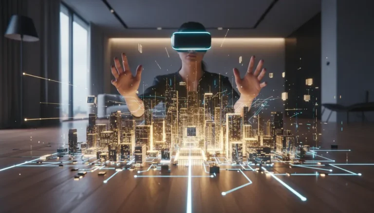 Inversión en bienes raíces virtuales y terrenos del metaverso representados mediante una ciudad digital holográfica.