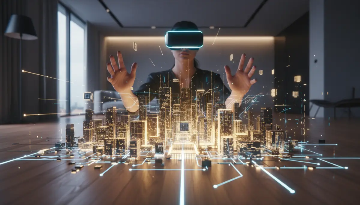 Inversión en bienes raíces virtuales y terrenos del metaverso representados mediante una ciudad digital holográfica.