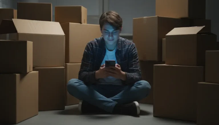 Persona rodeada de cajas de cartón vacías buscando consuelo en las compras online a través de su móvil.