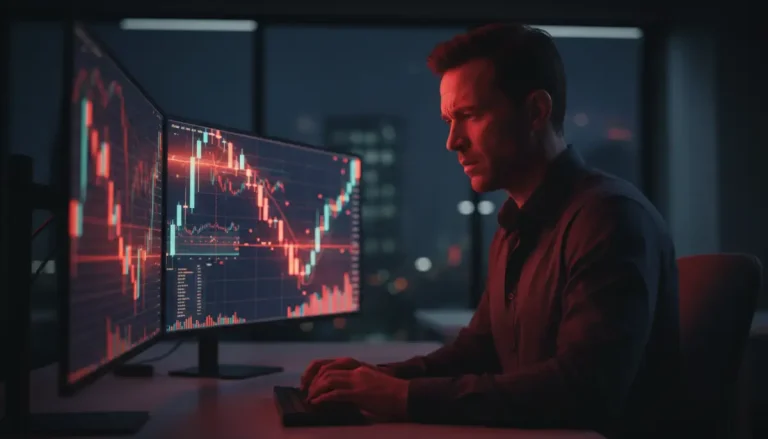 Hombre estresado frente a gráficos de bolsa con iluminación roja cinematográfica representando el riesgo financiero.