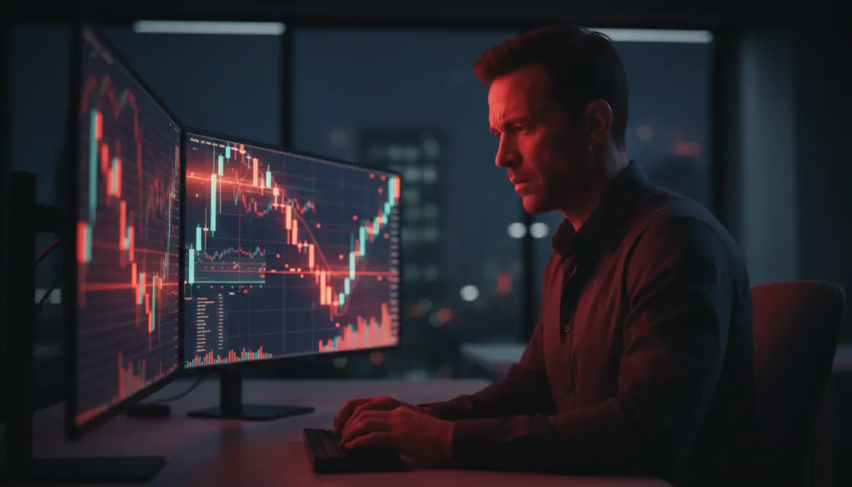 Hombre estresado frente a gráficos de bolsa con iluminación roja cinematográfica representando el riesgo financiero.