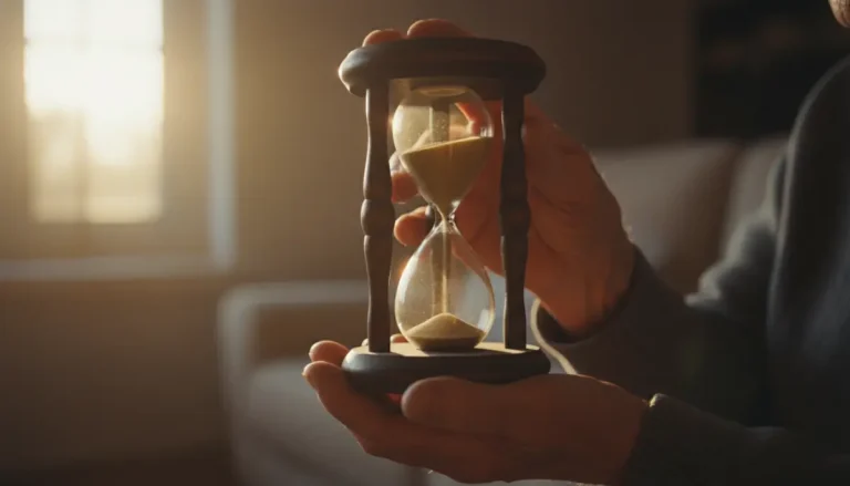 Primer plano de manos de una persona mayor sosteniendo un reloj de arena con luz cálida de atardecer, simbolizando la gestión del tiempo y el ahorro para la jubilación.