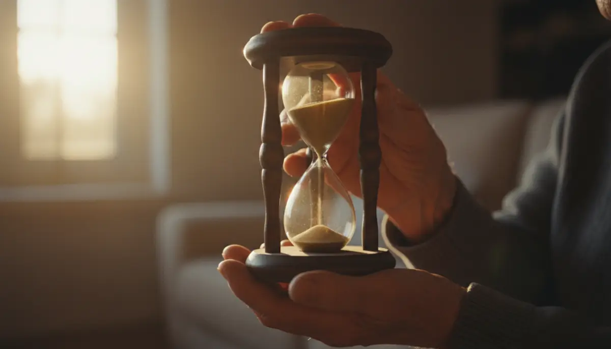 Primer plano de manos de una persona mayor sosteniendo un reloj de arena con luz cálida de atardecer, simbolizando la gestión del tiempo y el ahorro para la jubilación.