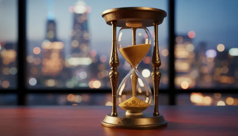 Reloj de arena con polvo de oro y monedas simbolizando la inversión a largo plazo y la paciencia frente al market timing.