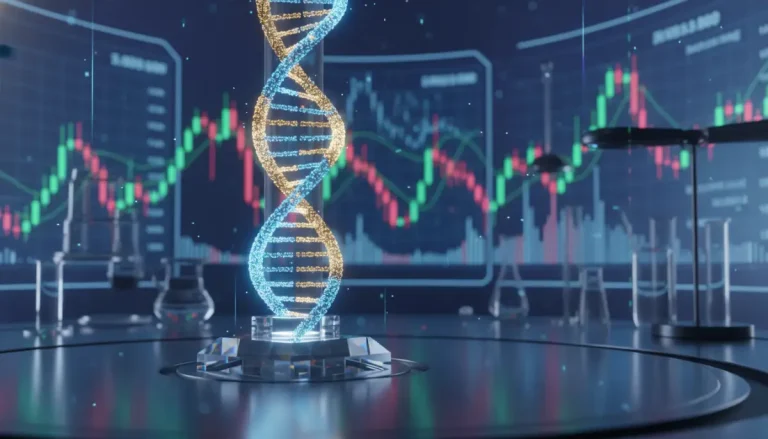 Representación visual de la inversión en biotecnología con hélice de ADN holográfica y gráficos financieros en un entorno de alta tecnología.