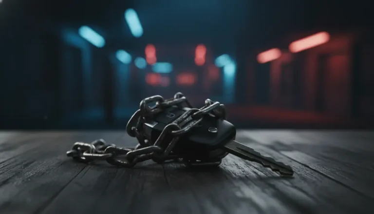 Llave de coche envuelta en cadenas metálicas simbolizando el peligro de los préstamos sobre el título del vehículo.