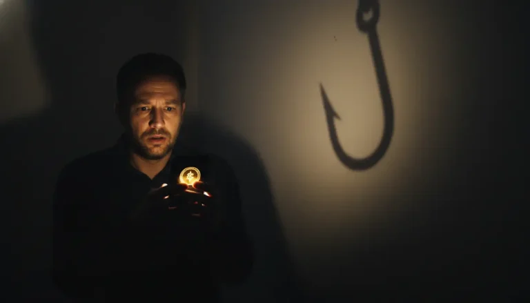Persona en la oscuridad mirando un teléfono móvil con luz dorada que simboliza un préstamo rápido y peligroso.