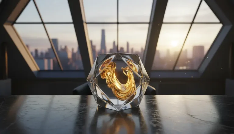 Concepto de liquidez financiera estratégica y fondo de oportunidades representado por un elemento dorado en una oficina de lujo al amanecer.