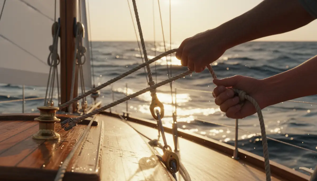 Primer plano de manos ajustando las velas de un velero en el océano durante el atardecer, representando flexibilidad y estrategia financiera.