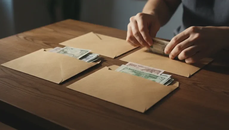 Primer plano de manos organizando billetes en sobres de papel kraft sobre mesa de madera para control de gastos.
