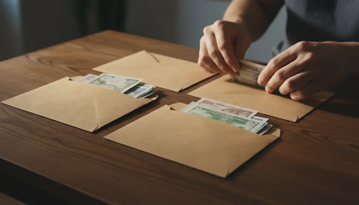 Primer plano de manos organizando billetes en sobres de papel kraft sobre mesa de madera para control de gastos.