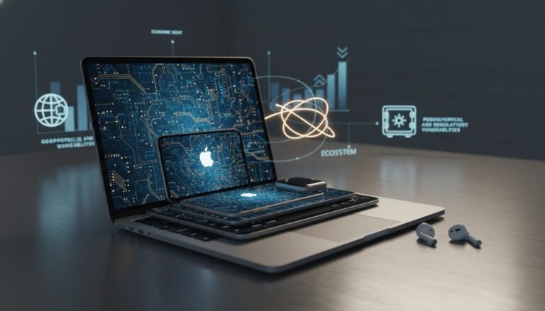 Infografía del modelo de negocio de Apple que muestra la sinergia de hardware, software y servicios financieros.