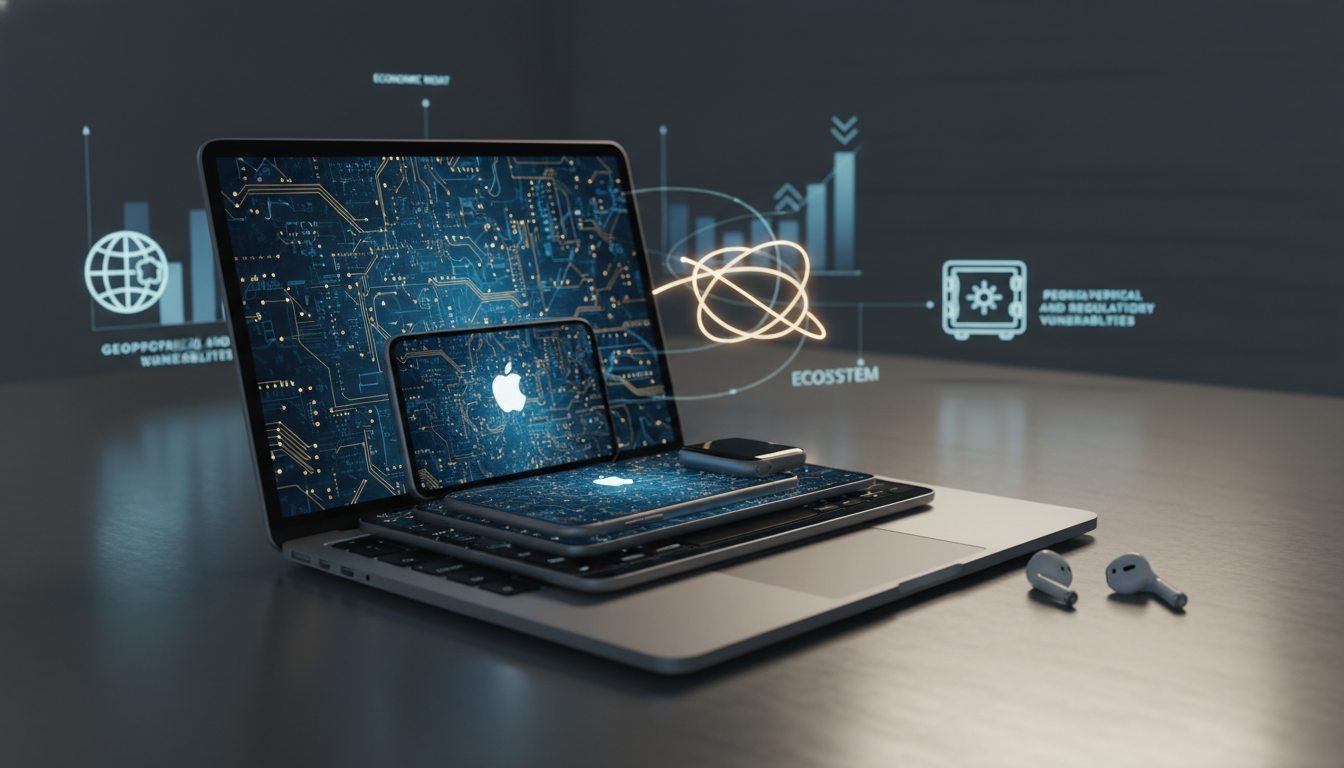 Infografía del modelo de negocio de Apple que muestra la sinergia de hardware, software y servicios financieros.