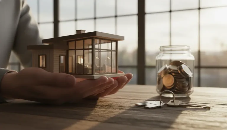 Pareja joven sosteniendo una maqueta de casa moderna simbolizando el ahorro para comprar una vivienda.