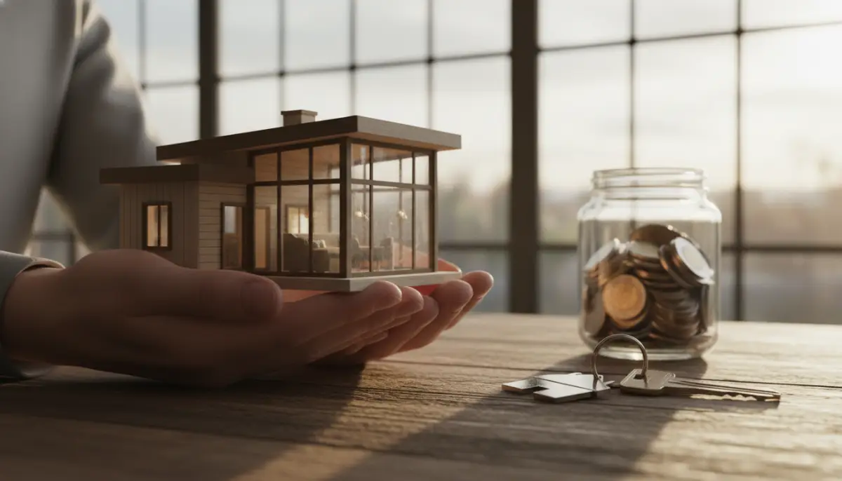 Pareja joven sosteniendo una maqueta de casa moderna simbolizando el ahorro para comprar una vivienda.