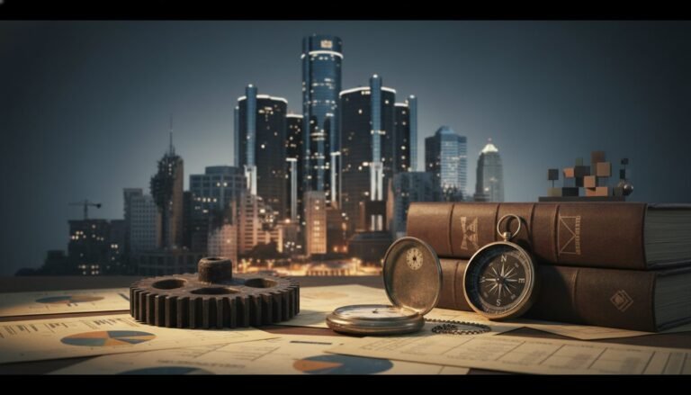 Infografía de la quiebra municipal de Detroit en 2013 con gráficos de crisis financiera y fábricas industriales.