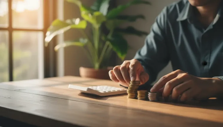 Persona organizando sus finanzas y ahorros en un escritorio iluminado para superar deudas tras un divorcio.