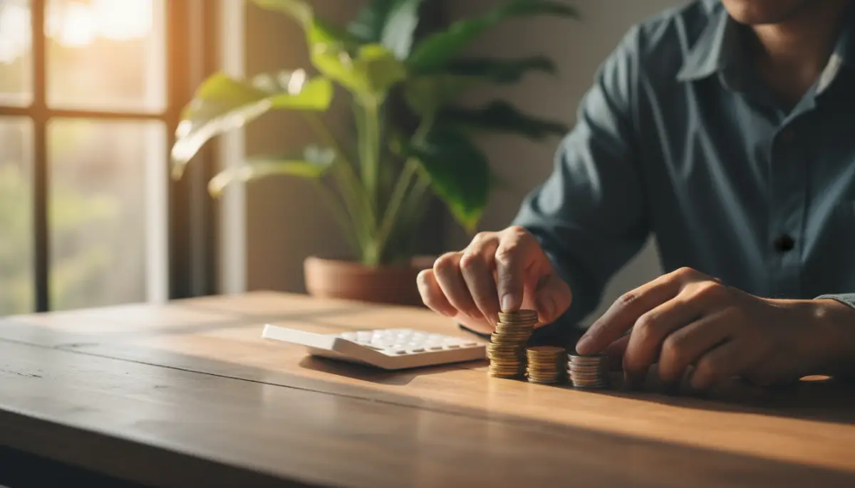 Persona organizando sus finanzas y ahorros en un escritorio iluminado para superar deudas tras un divorcio.