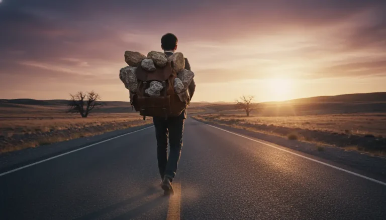Metáfora visual de un profesional cargando una mochila con piedras pesadas representando la deuda estudiantil en un camino largo.