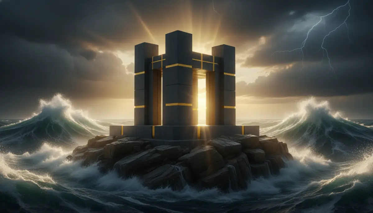 Estructura arquitectónica sólida de piedra y oro resistiendo una tormenta oceánica, metáfora de antifragilidad y protección de activos en una recesión.