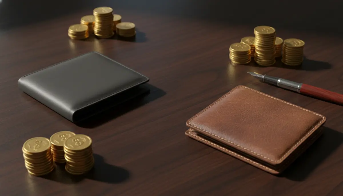 Representación conceptual de la separación entre finanzas personales y empresariales con dos carteras distintas sobre un escritorio profesional de madera.