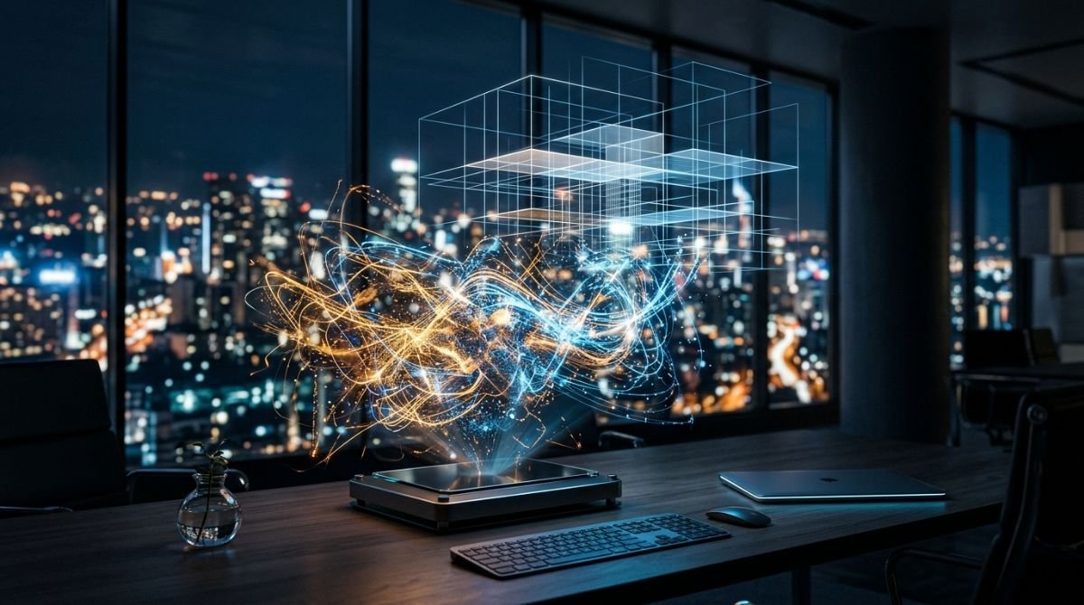 Holograma tridimensional de una red de datos caótica transformándose en una cuadrícula matemática sobre un escritorio moderno, simbolizando el modelado financiero.