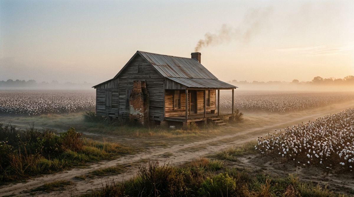 Cabaña de madera rustica en Delta Luisiana durante el amanecer con campos de algodon de fondo