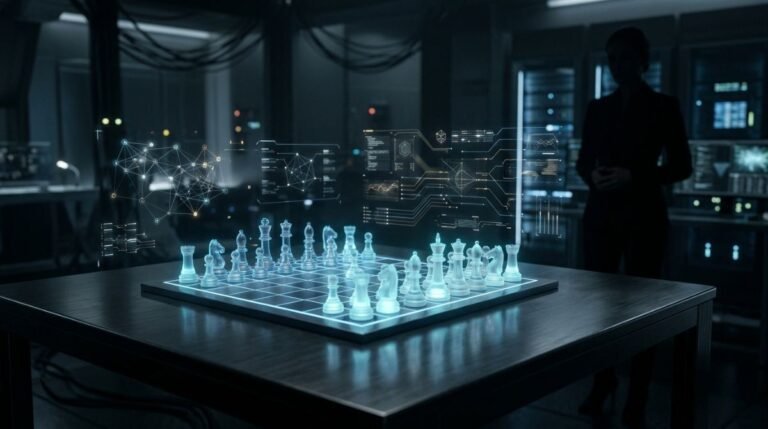Estrategia de análisis de competencia digital representada mediante un tablero de ajedrez de cristal con hologramas de datos y luces cian.