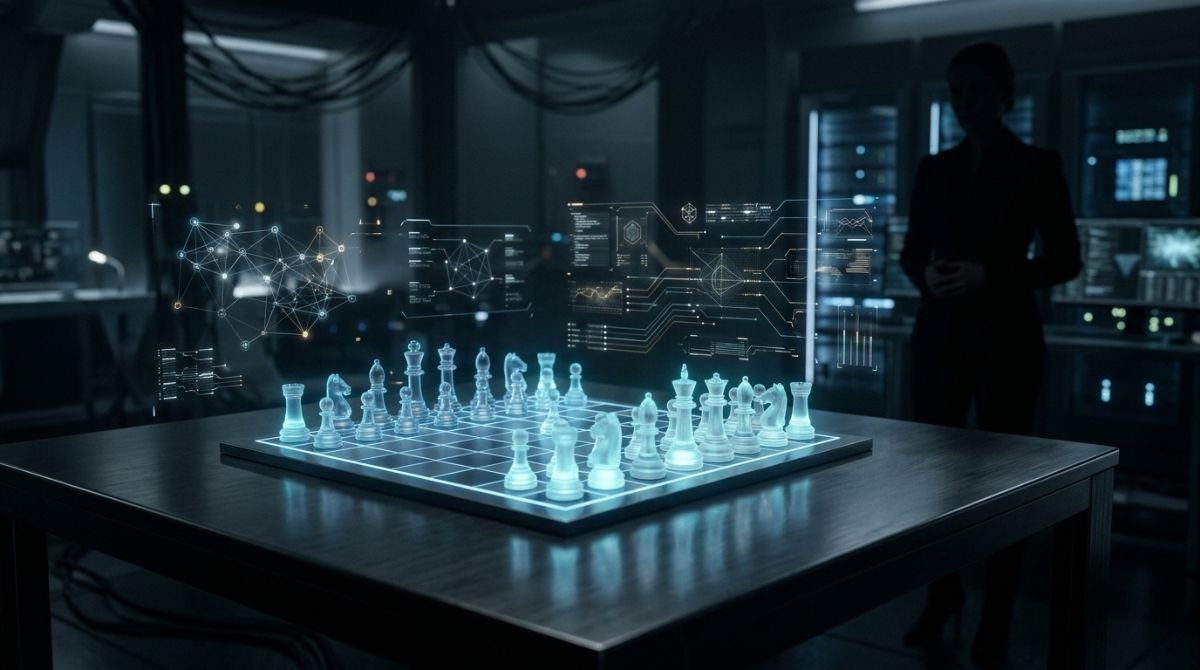 Estrategia de análisis de competencia digital representada mediante un tablero de ajedrez de cristal con hologramas de datos y luces cian.