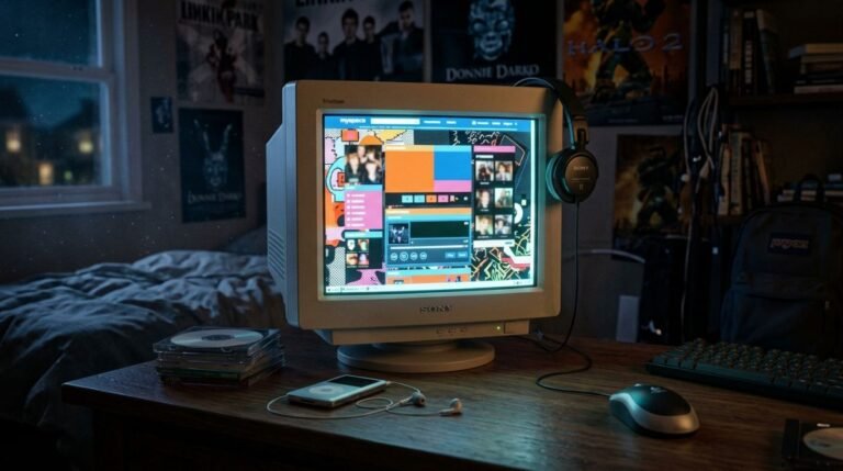 Monitor retro CRT encendido en una habitacion oscura de los anos 2000 mostrando una interfaz web colorida sin texto