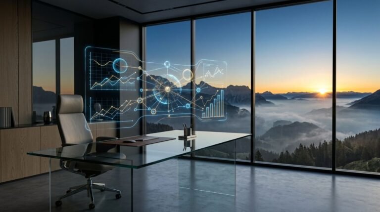 Representación visual de la claridad financiera con una interfaz de datos abstracta y un horizonte despejado tras la niebla.