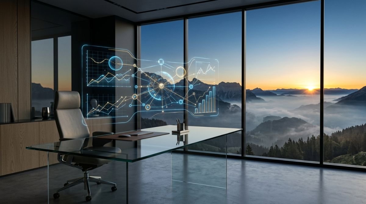 Representación visual de la claridad financiera con una interfaz de datos abstracta y un horizonte despejado tras la niebla.